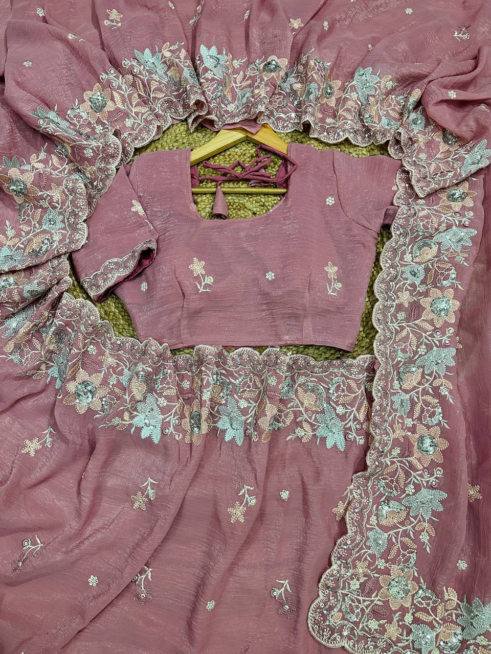 Soft Crunshy silk fabric with multi embroidered work Saree