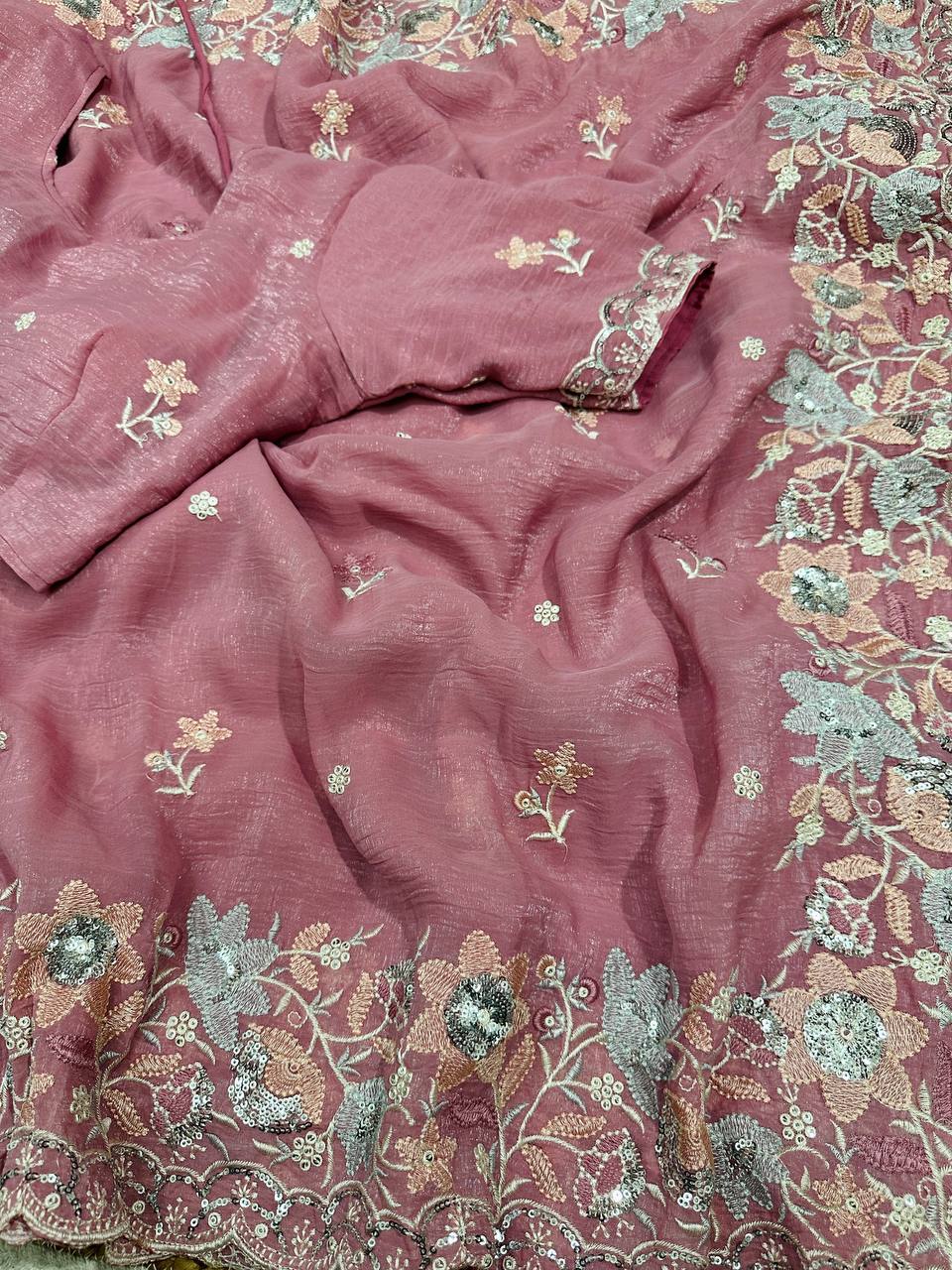 Soft Crunshy silk fabric with multi embroidered work Saree