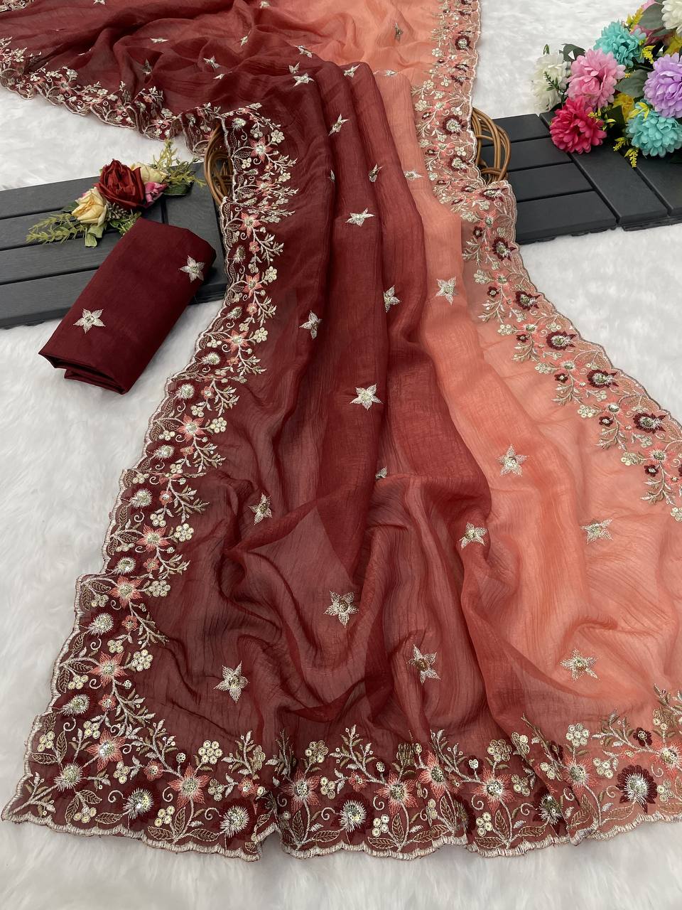 Pure Soft Crunchy crush Padding multi thread embroidery Saree