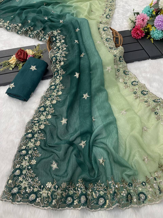 Pure Soft Crunchy crush Padding multi thread embroidery Saree