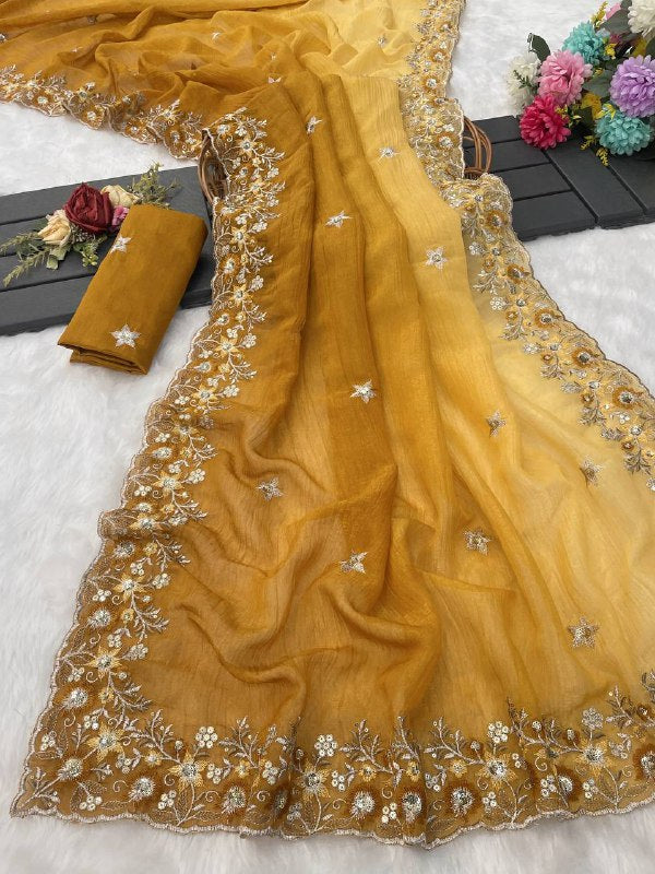 Pure Soft Crunchy crush Padding multi thread embroidery Saree