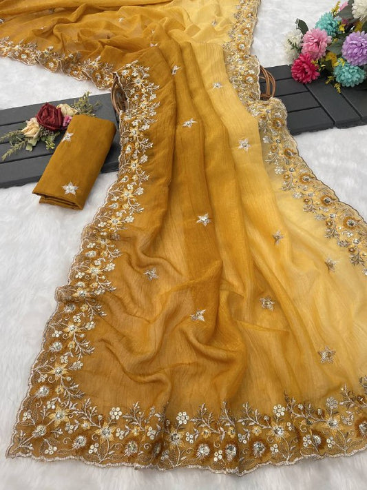 Pure Soft Crunchy crush Padding multi thread embroidery Saree