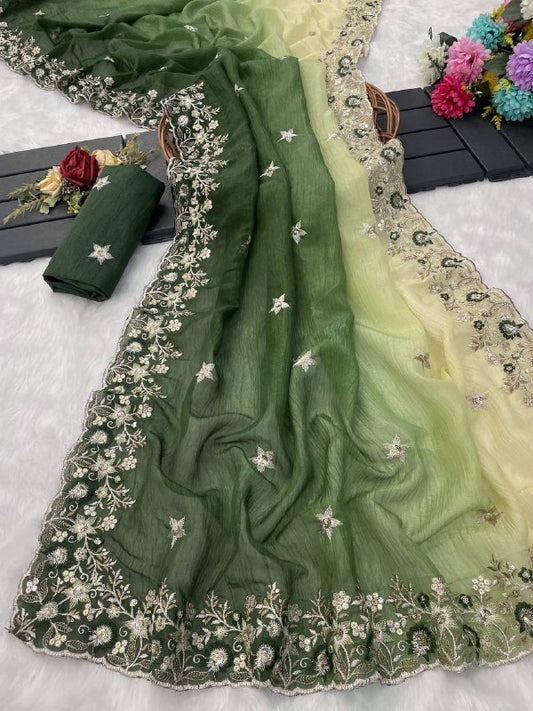 Pure Soft Crunchy crush Padding multi thread embroidery Saree