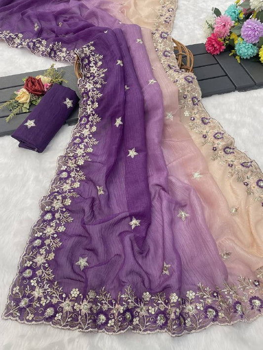 Pure Soft Crunchy crush Padding multi thread embroidery Saree