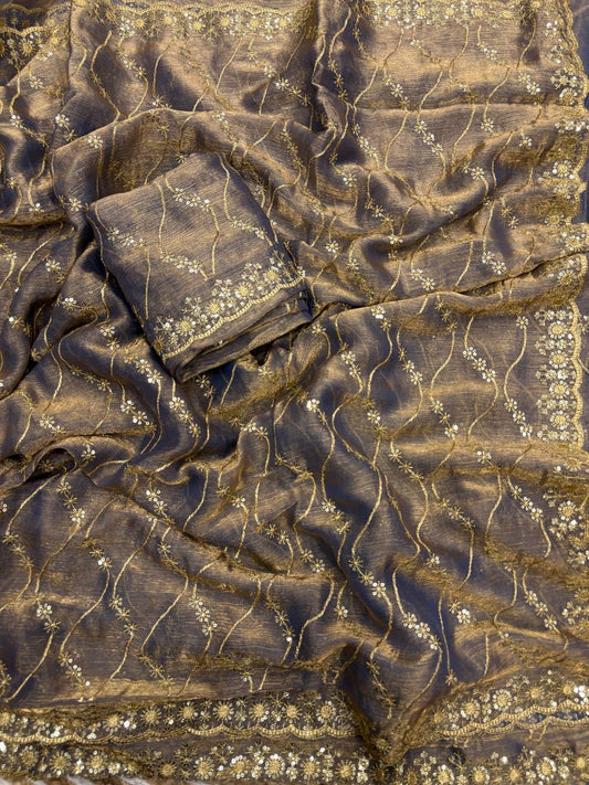 Fandy chiffon with golden zari with 3 mm sequence work Saree