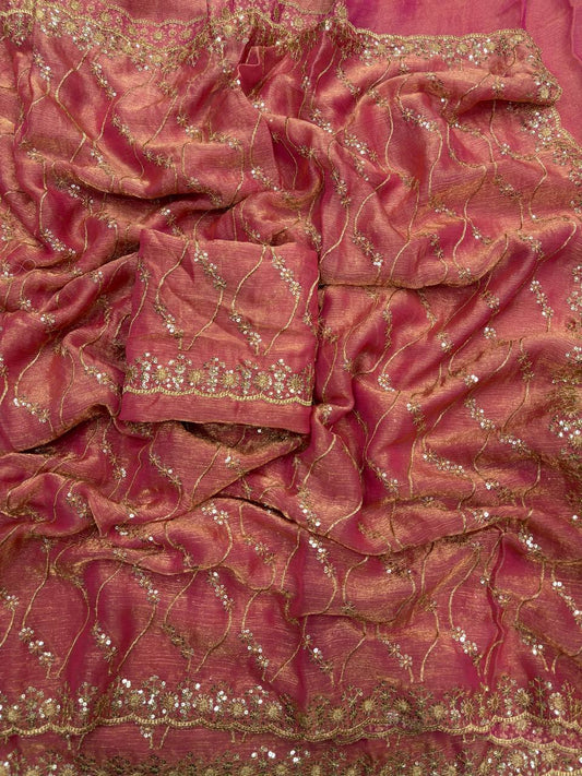 Fandy chiffon with golden zari with 3 mm sequence work Saree