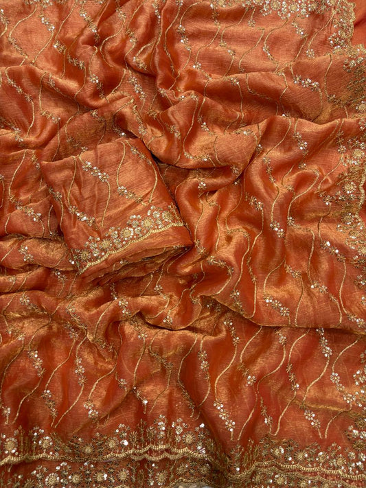 Fandy chiffon with golden zari with 3 mm sequence work Saree