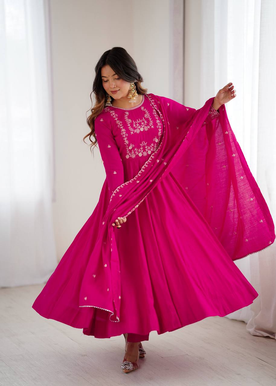 HEAVY PURE ROMAN CHANDERI SILK FABRIC GOWN