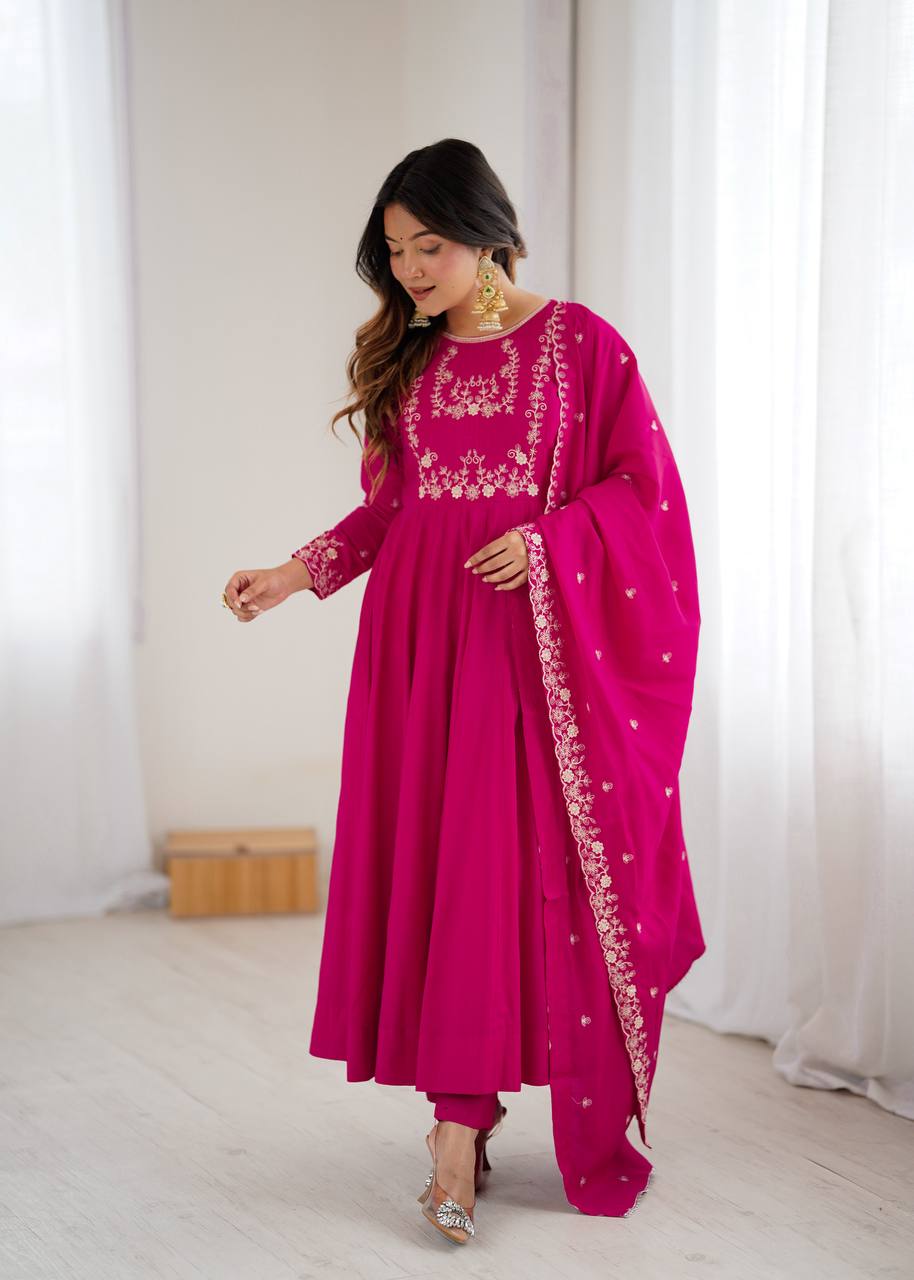 HEAVY PURE ROMAN CHANDERI SILK FABRIC GOWN
