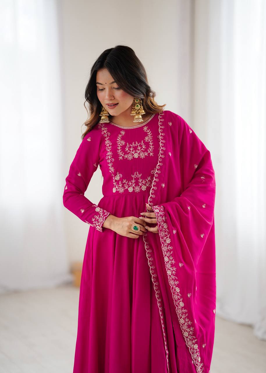 HEAVY PURE ROMAN CHANDERI SILK FABRIC GOWN