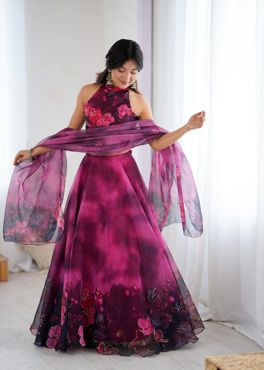 Pure Organza digital Print Jari work lehnga