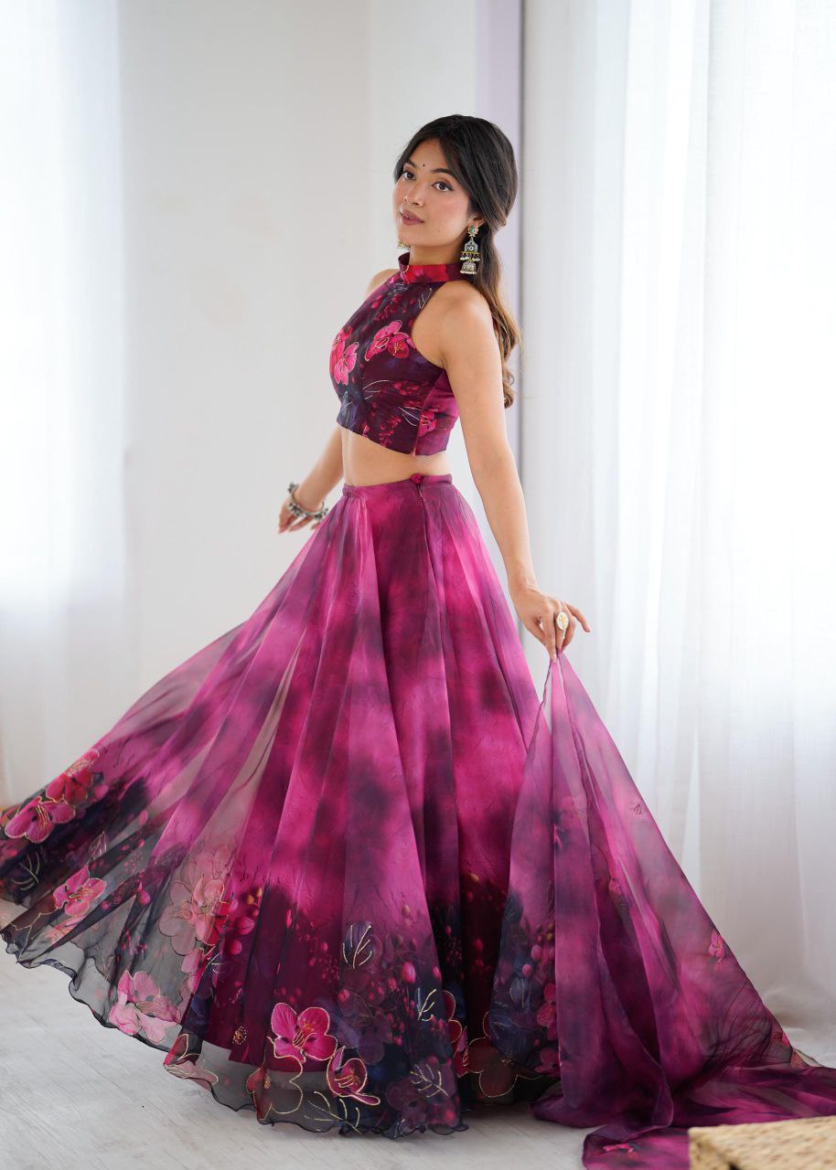 Pure Organza digital Print Jari work lehnga