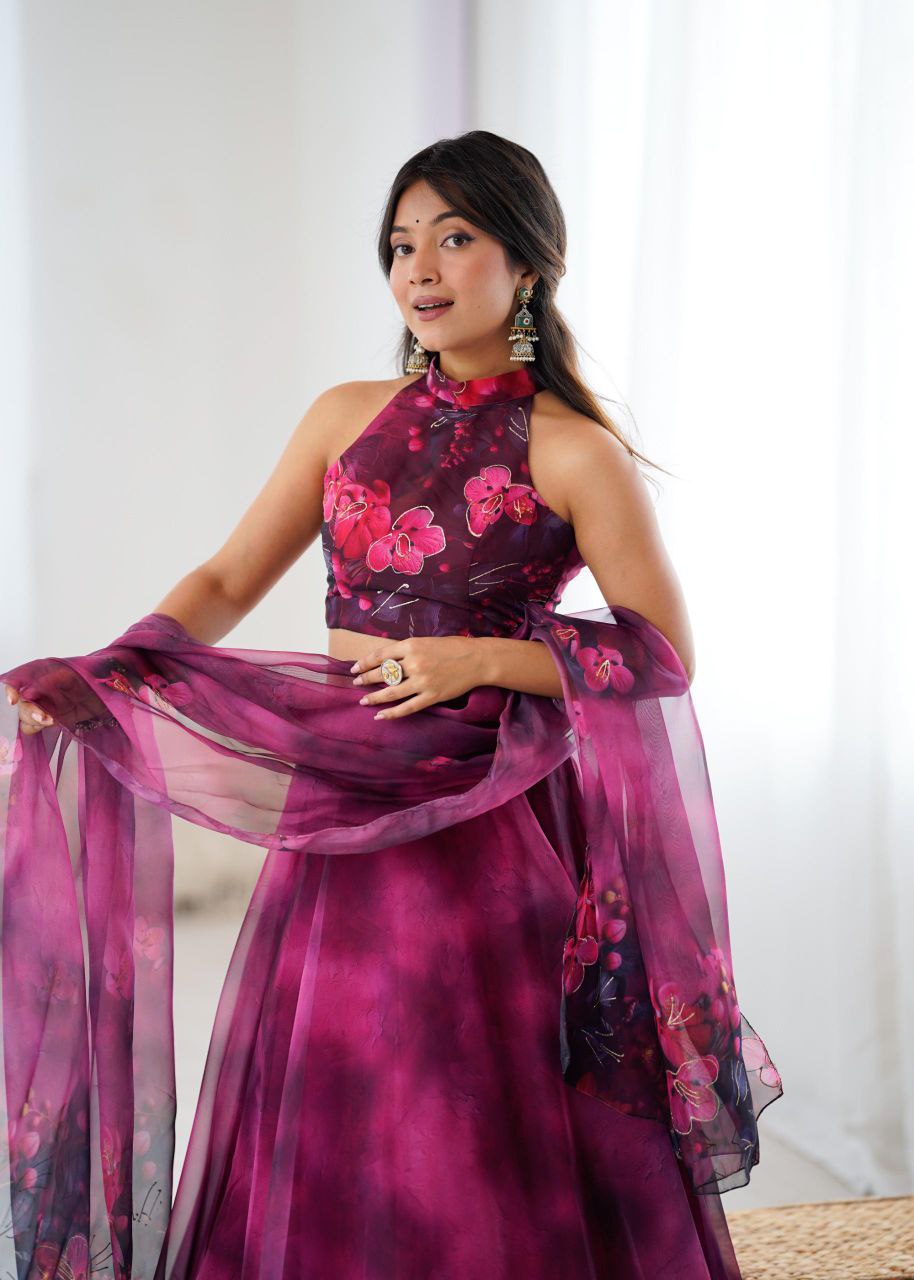 Pure Organza digital Print Jari work lehnga