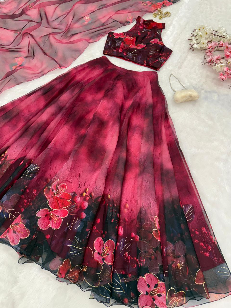 Pure Organza digital Print Jari work lehnga