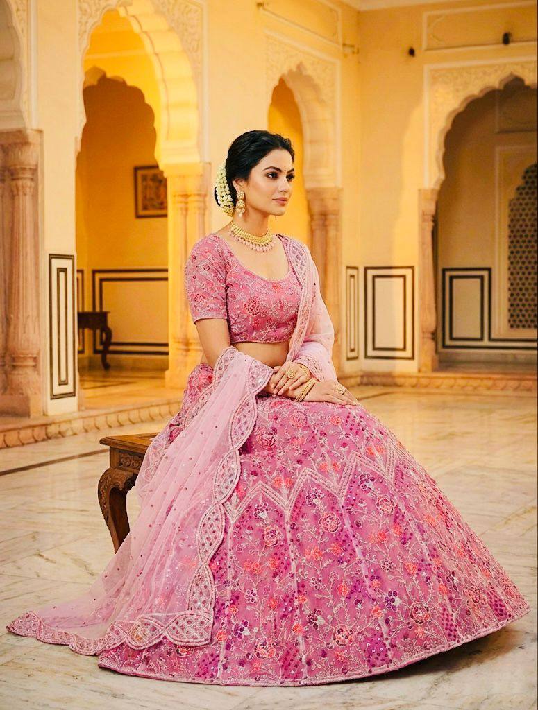 Premium Quality Butterfly Net Coding Embroidery Sequins Work Lehenga