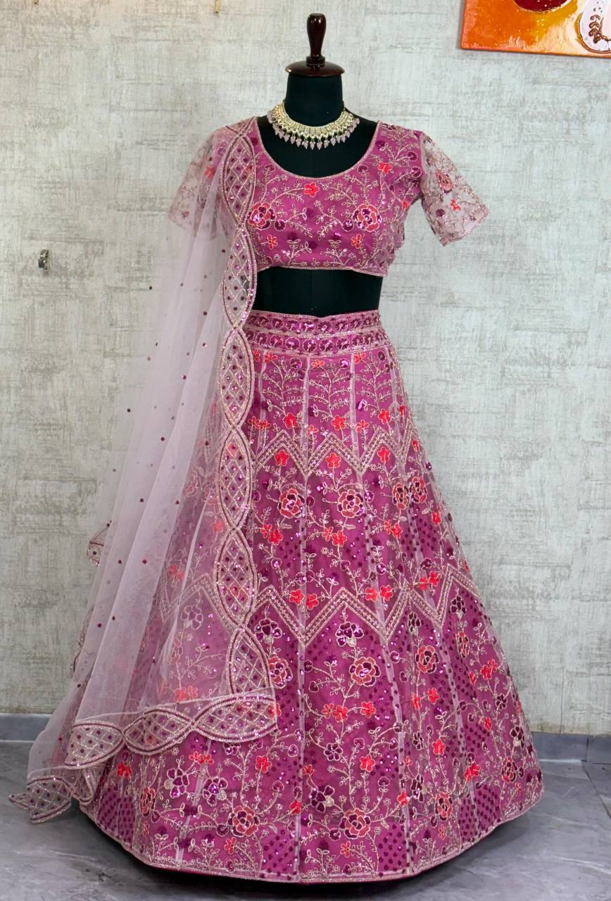 Premium Quality Butterfly Net Coding Embroidery Sequins Work Lehenga