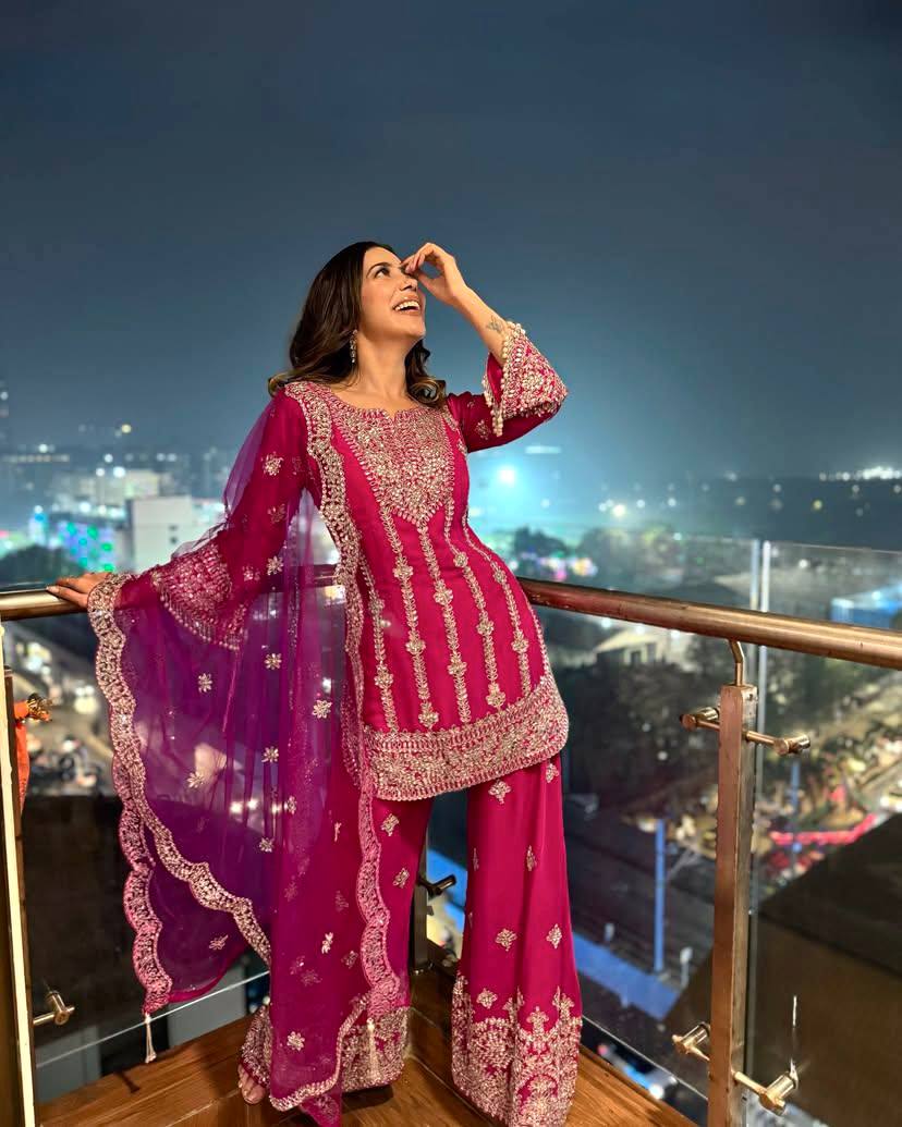 NEW KURTI-PLAZZO SET IN CHINON SILK  WITH BEAUTIFUL SEQUINS & ZARI EMBROIDERY WORK