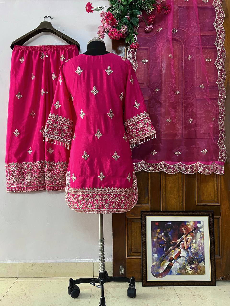 NEW KURTI-PLAZZO SET IN CHINON SILK  WITH BEAUTIFUL SEQUINS & ZARI EMBROIDERY WORK