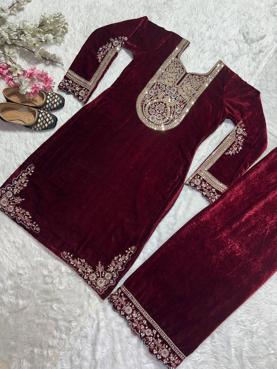 Pure Heavy Viscous Velvet With Heavy Embroidery Coding Sequence Work Suit