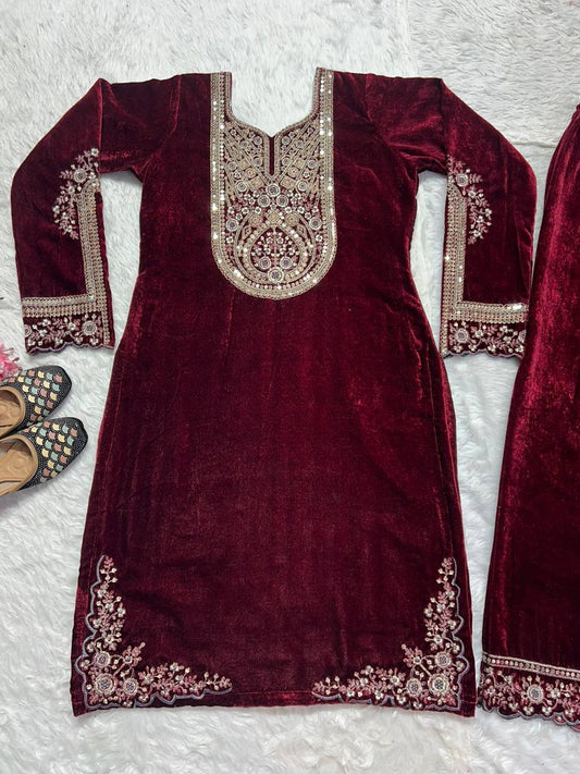 Pure Heavy Viscous Velvet With Heavy Embroidery Coding Sequence Work Suit