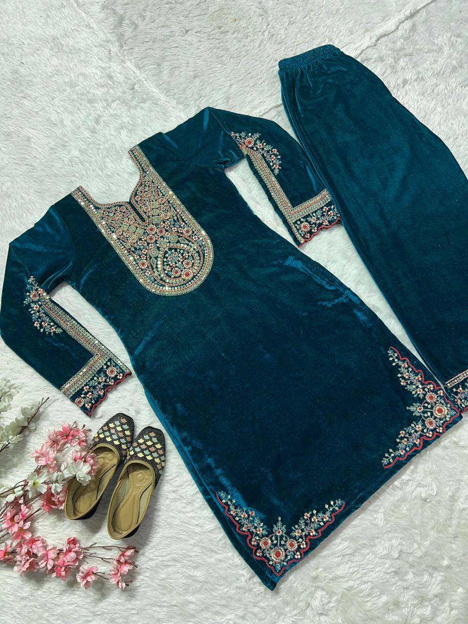 Pure Heavy Viscous Velvet With Heavy Embroidery Coding Sequence Work Suit