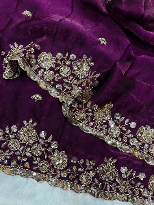 Soft Space silk Beautiful Beads and  Sequence Embroidery Work Saree