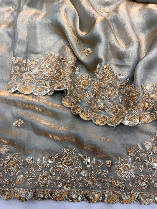 Soft Space silk Beautiful Beads and Sequence Embroidery Work Saree