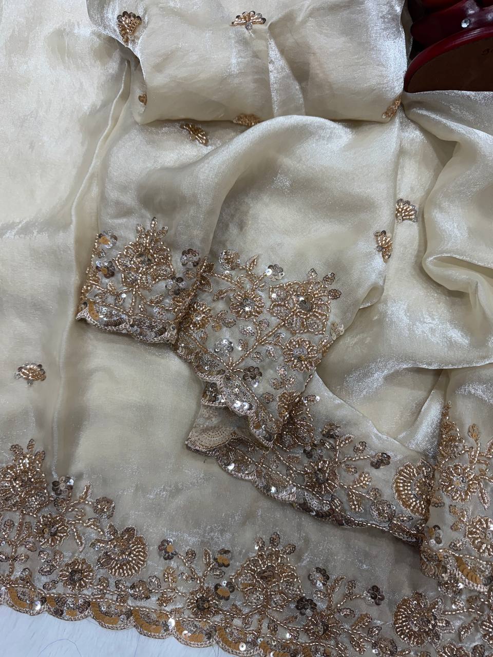 Soft Space silk Beautiful Beads and  Sequence Embroidery Work Saree