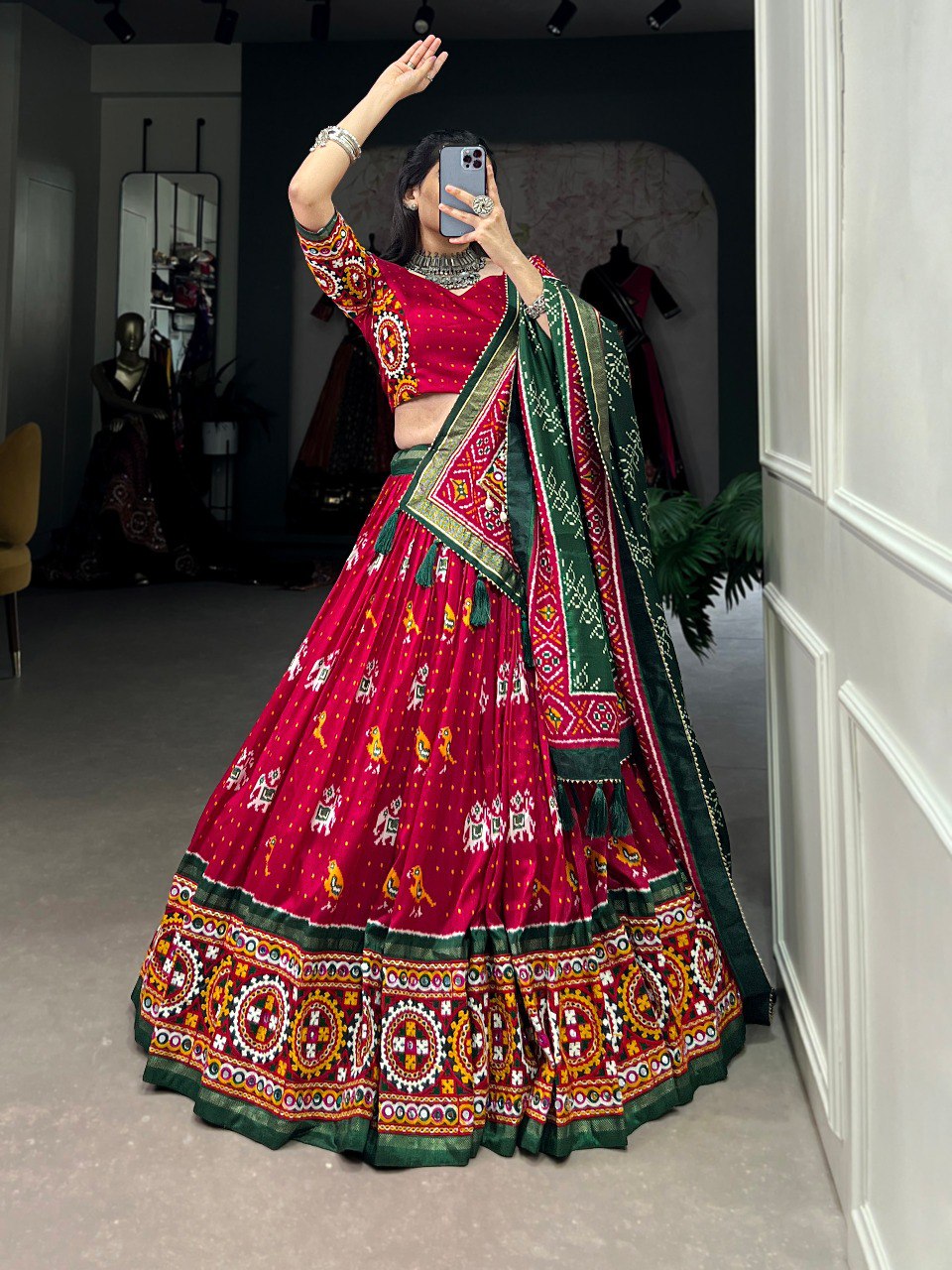 Adorn yourself in the artistry of Tussar silk Lehenga