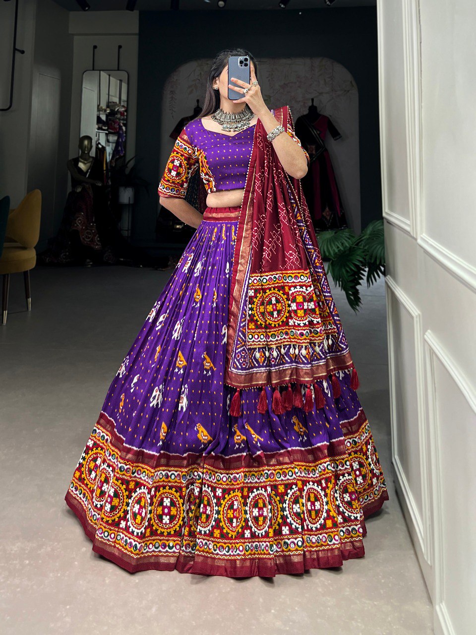 Adorn yourself in the artistry of Tussar silk Lehenga