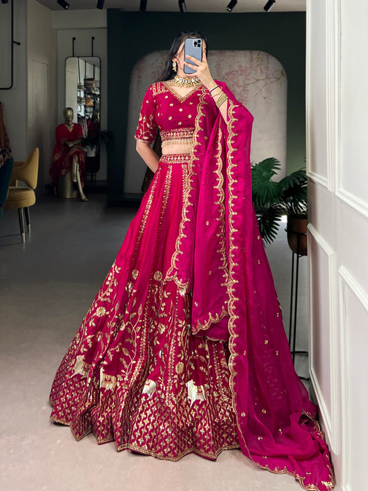 Natural Silk Sequins and Thread Embroidery Work Lehenga