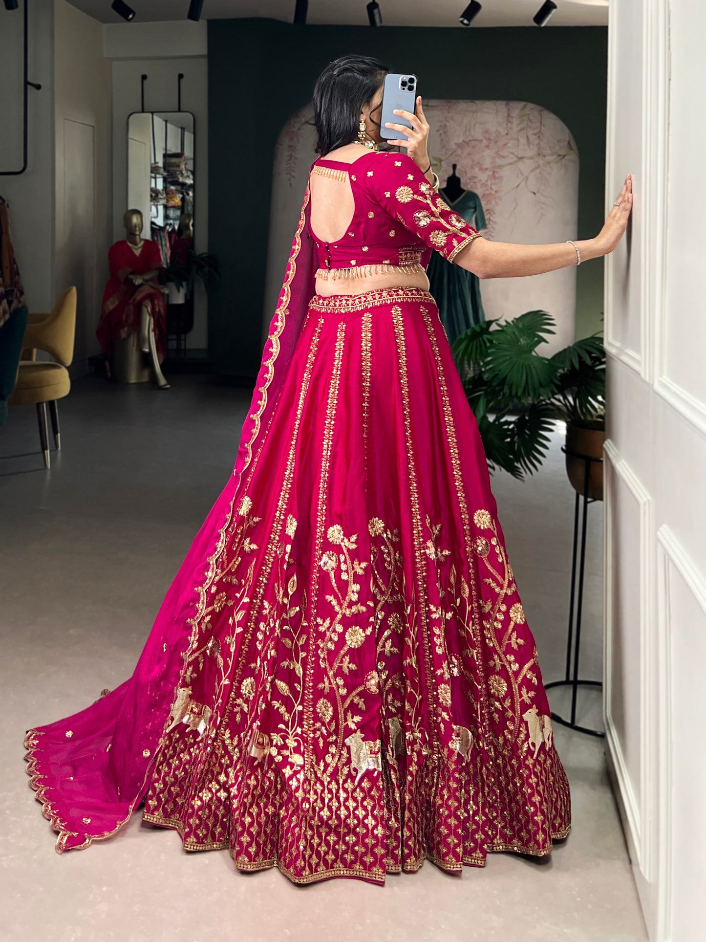 Natural Silk Sequins and Thread Embroidery Work Lehenga