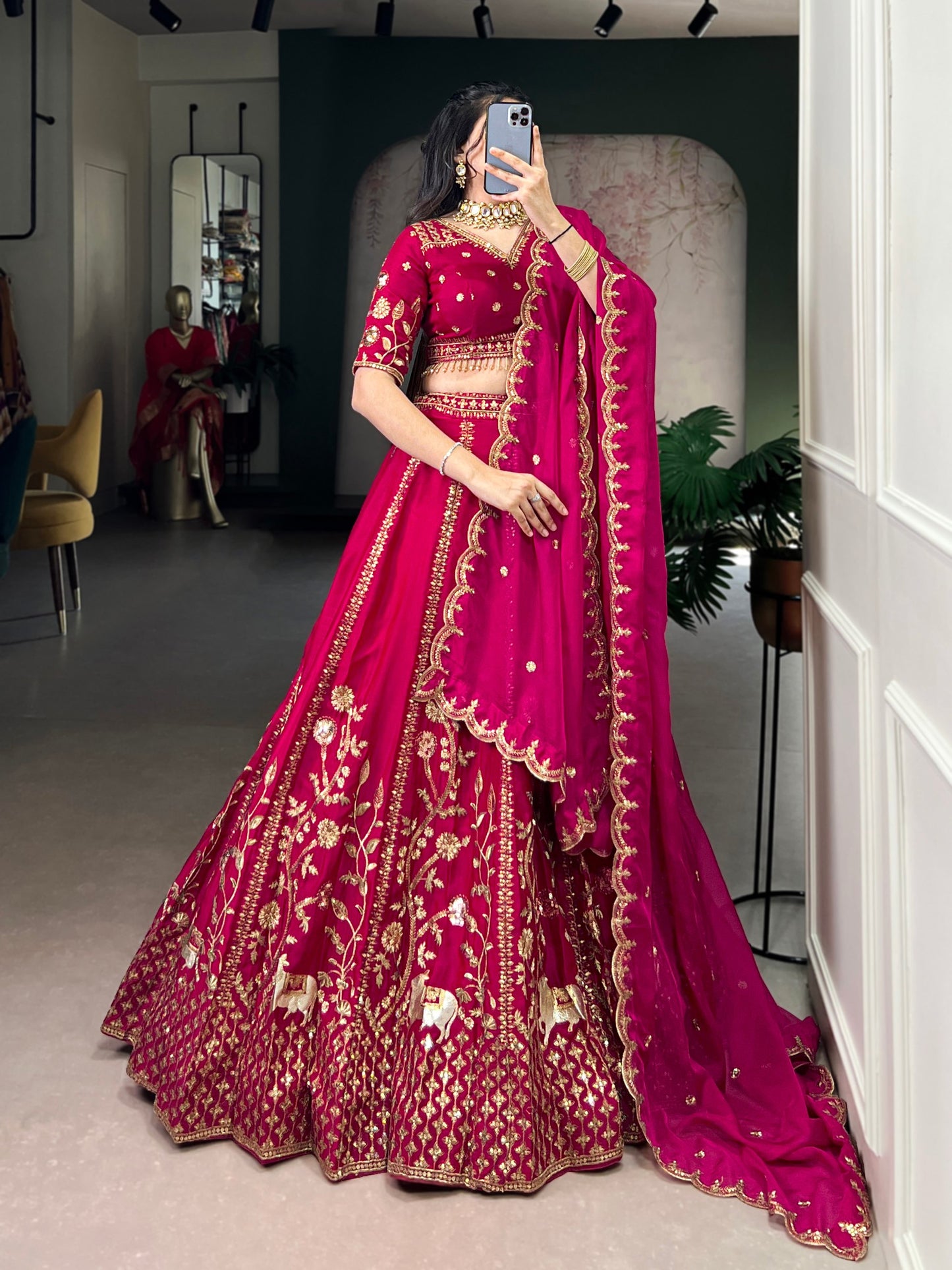 Natural Silk Sequins and Thread Embroidery Work Lehenga