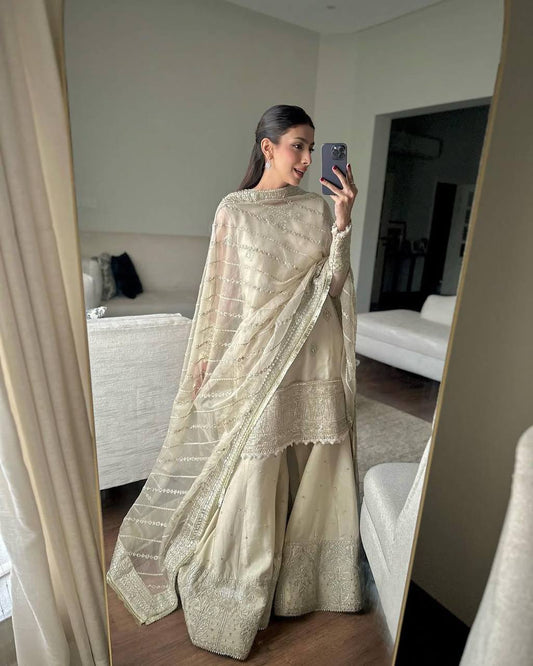 DESIRABLE FANCY CHINON SEQUENCE EMBROIDERED WORK TOP AND PENT WITH DUPATTA