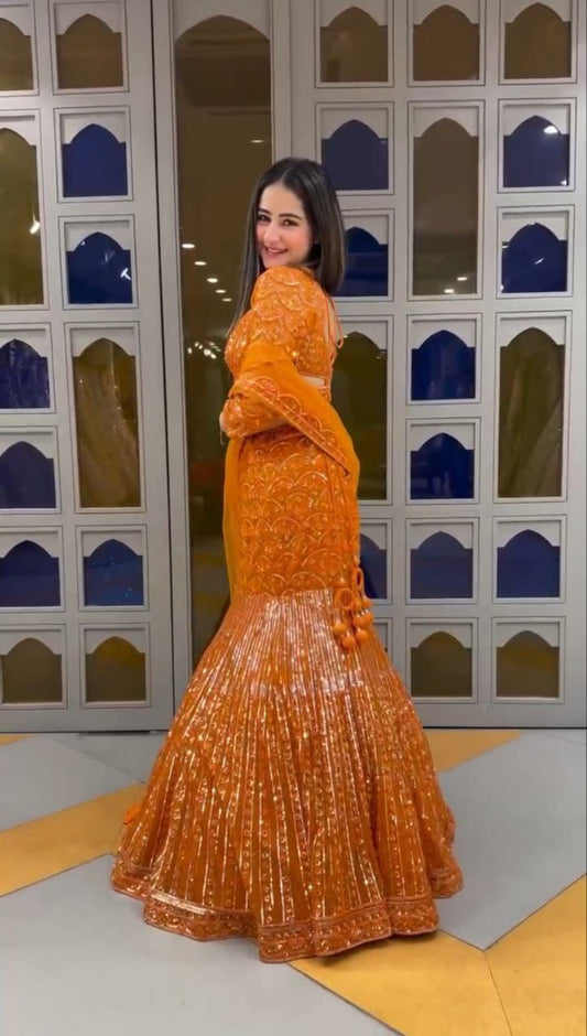 Launching 4 meter flared Embroidery Sequins Work Lehenga