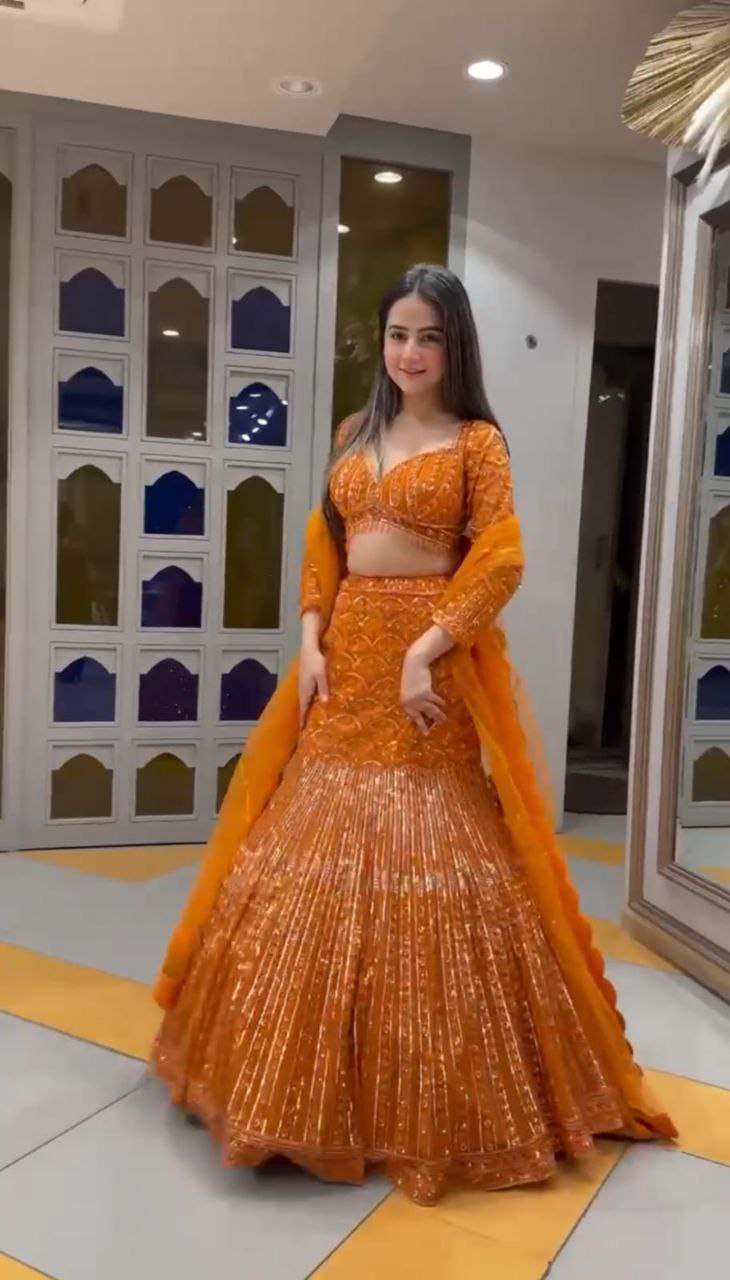 Launching 4 meter flared Embroidery Sequins Work Lehenga