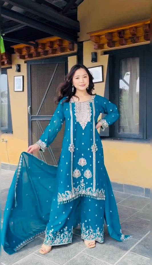 DESIGNER PARTYWEAR OUTFIT ON PURE CHINON EMBROIDERY SEQUENCE TOP