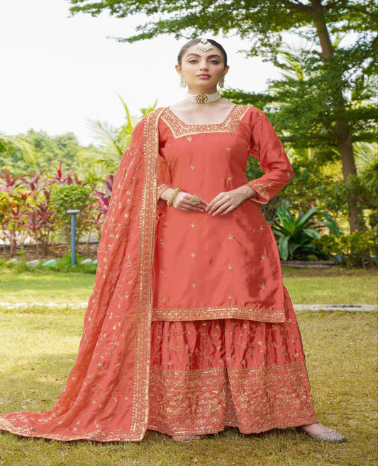 New Designer Embroidered Chinon Suit With Embroidered Work