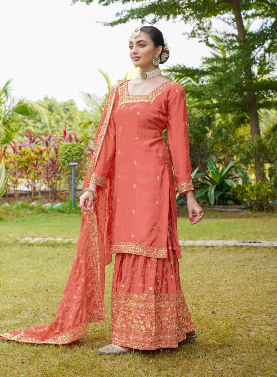 New Designer Embroidered Chinon Suit With Embroidered Work