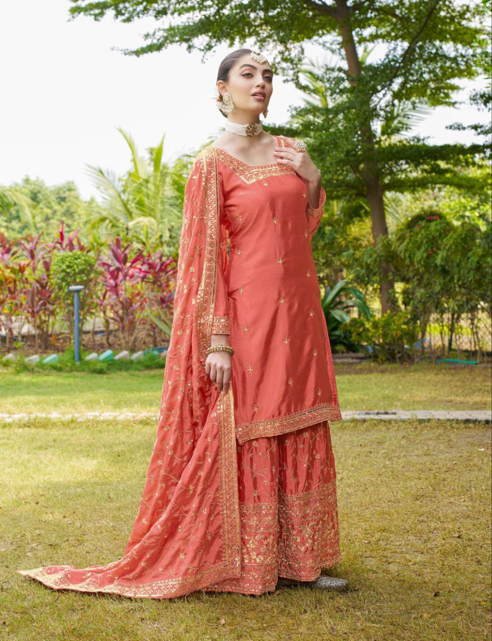 New Designer Embroidered Chinon Suit With Embroidered Work