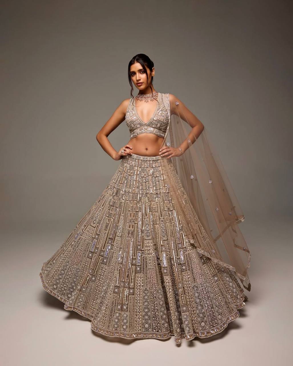 Lehenga en filet avec paillettes dori et broderie au fil
