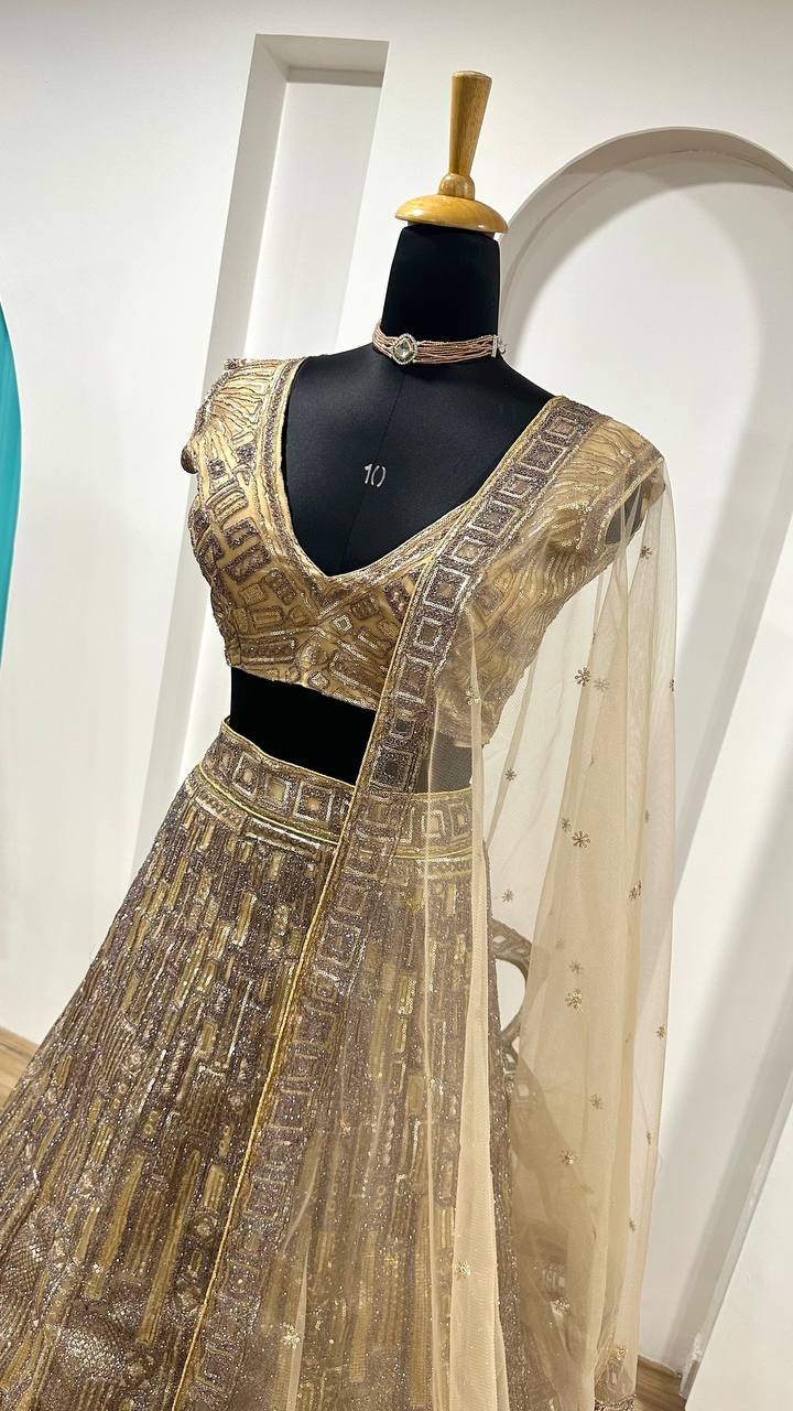 Lehenga en filet avec paillettes dori et broderie au fil