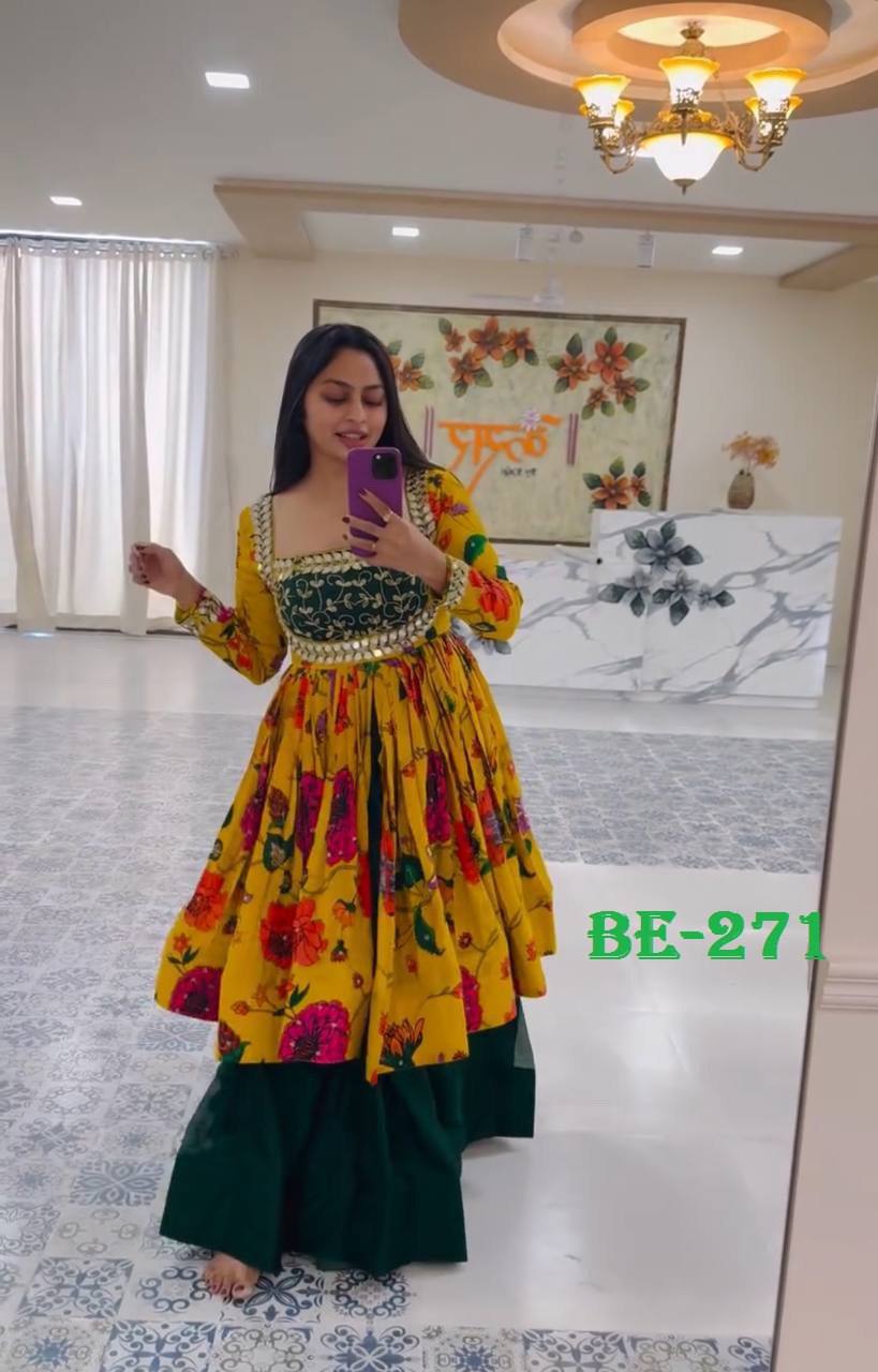 2024 NAVRATRI WEAR BEUTIQUE STYLES RAYON PRINTED TOP WITH FULL FLAIR LEHENGA