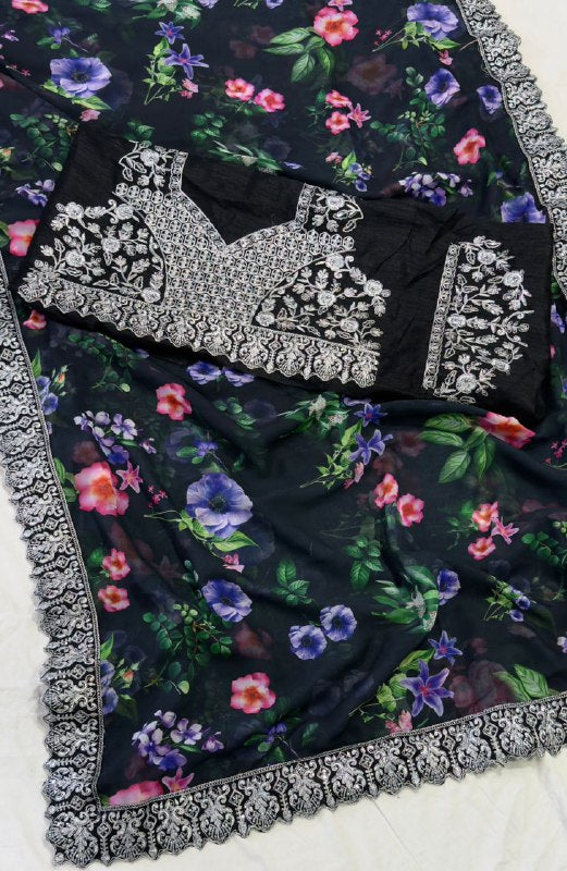 Digital Prints & Embroidery Codding & Sequins Work Saree