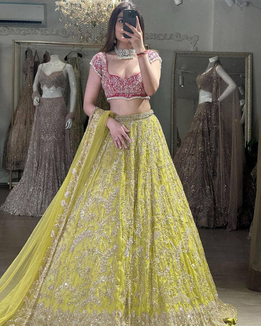 Launching Embroidery Sequins Work 4 meter flared Faux Georgette Lehenga