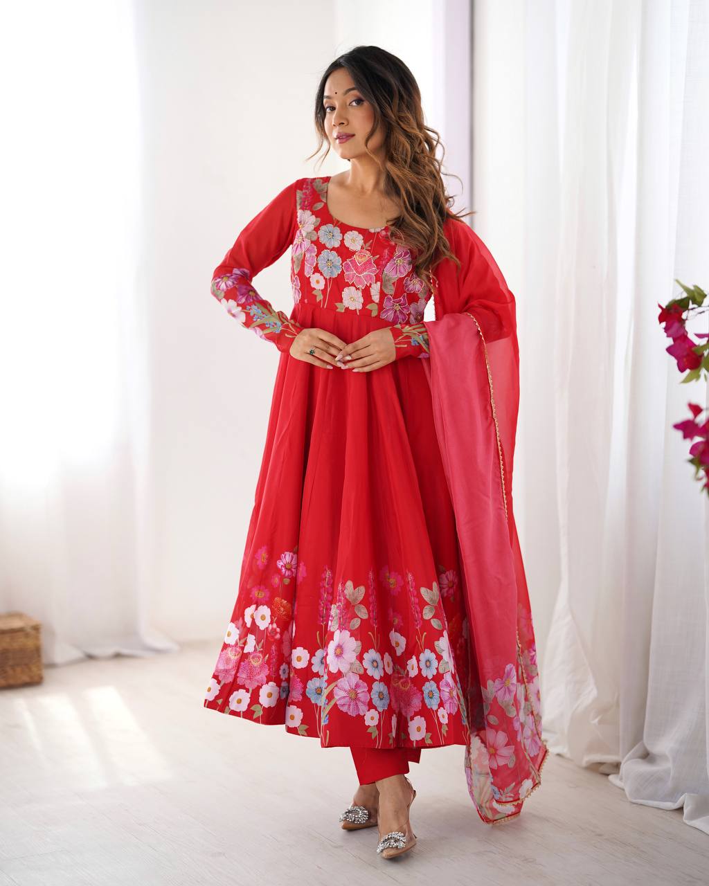 PURE SOFT ORGANJA SILK FABRIC FULLY FLAIR KALI PATTERN ANARKALI SUIT