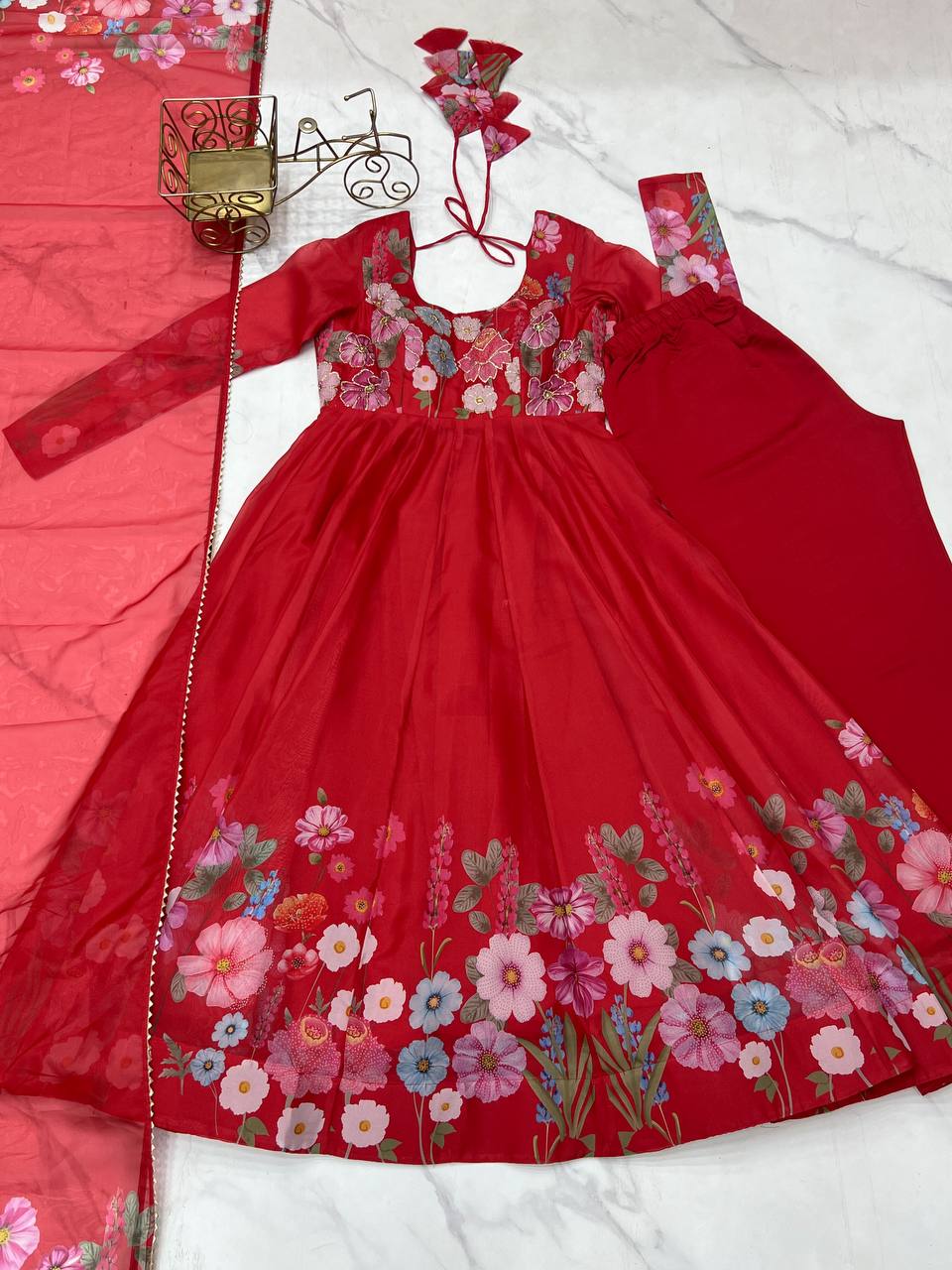 PURE SOFT ORGANJA SILK FABRIC FULLY FLAIR KALI PATTERN ANARKALI SUIT