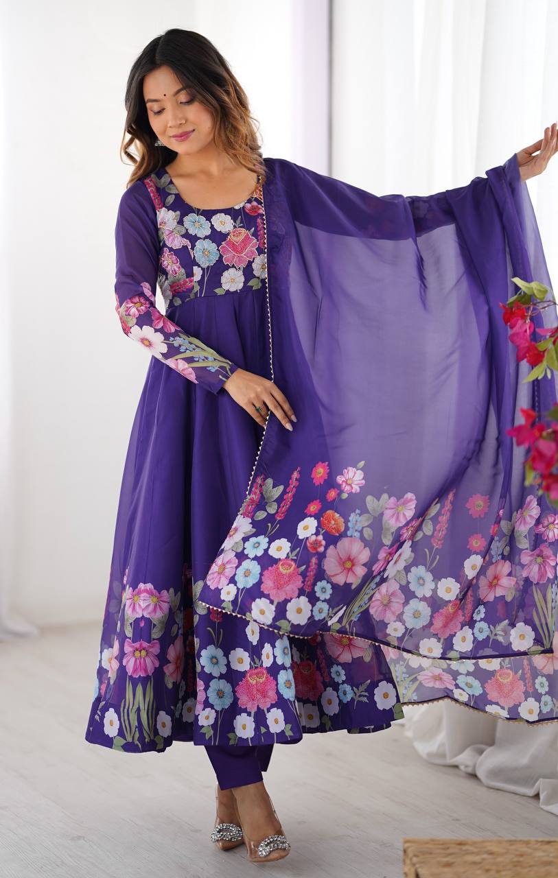 PURE SOFT ORGANJA SILK FABRIC FULLY FLAIR KALI PATTERN ANARKALI SUIT