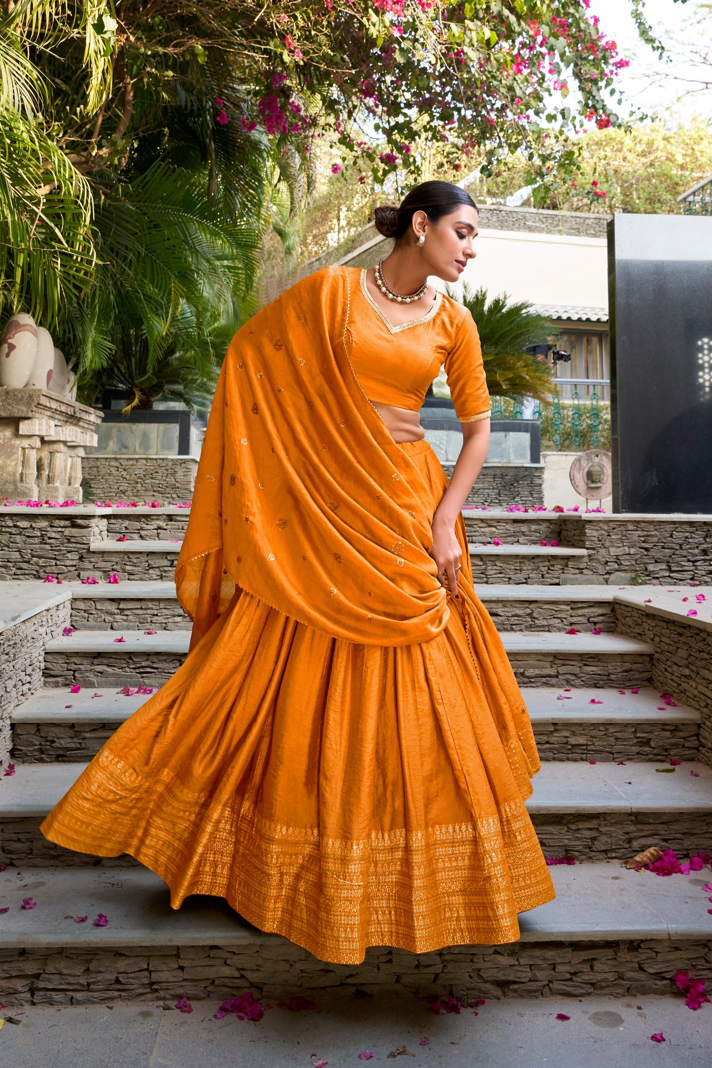 Pure Chanderi Plain With Zari Weaving Work Border Lehenga