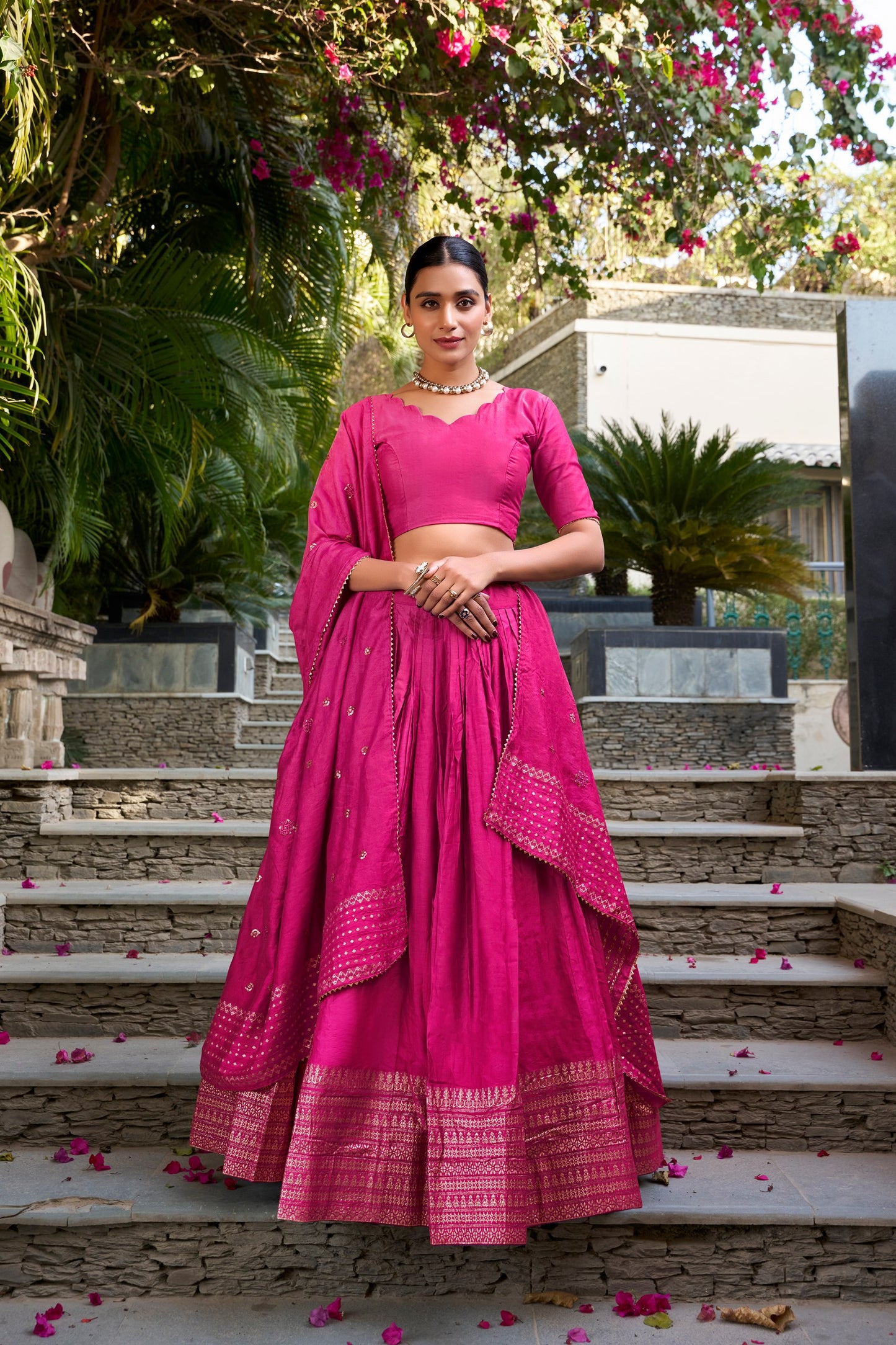 Pure Chanderi Plain With Zari Weaving Work Border Lehenga